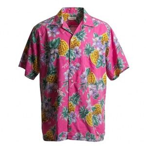 Evergreen Island Hawaiian Shirt Mens L Pink Pineapple Hibiscus Aloha Tropical